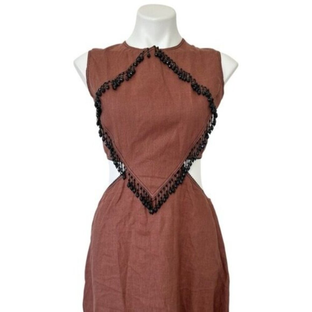 Ganni Bead Embellished Hemp Cut Out Root Beer Brown Midi Dress Size L - Picture 4 of 15